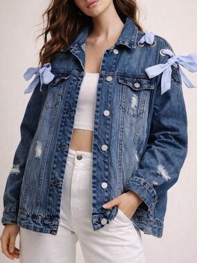 Revamped Dark Blue Jean Jacket with Light Blue Stripe Bows